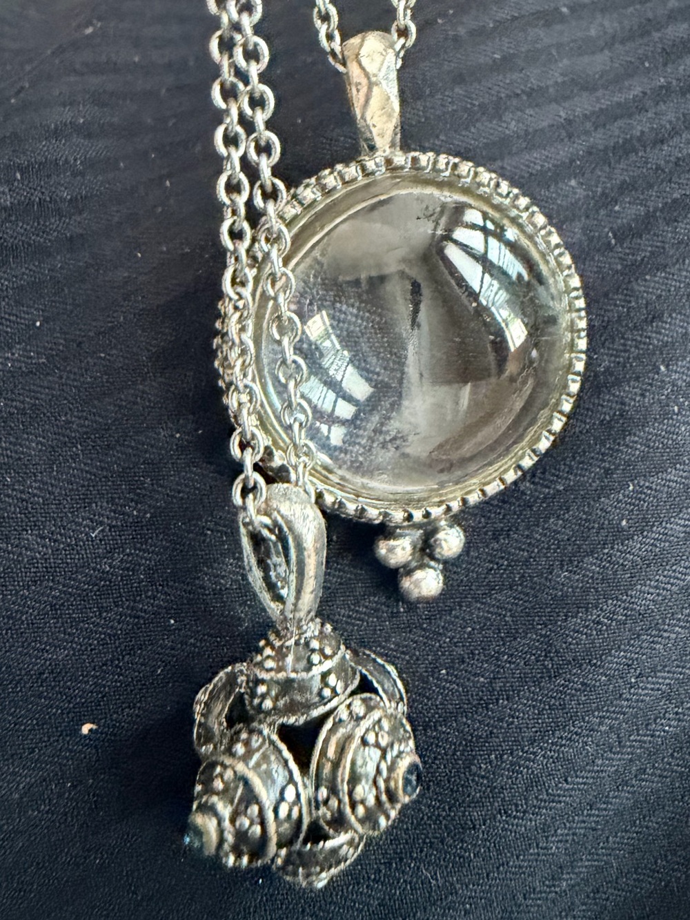 Silver-Tone Double Pendant Necklace with Clear Crystal and Filigree Charm